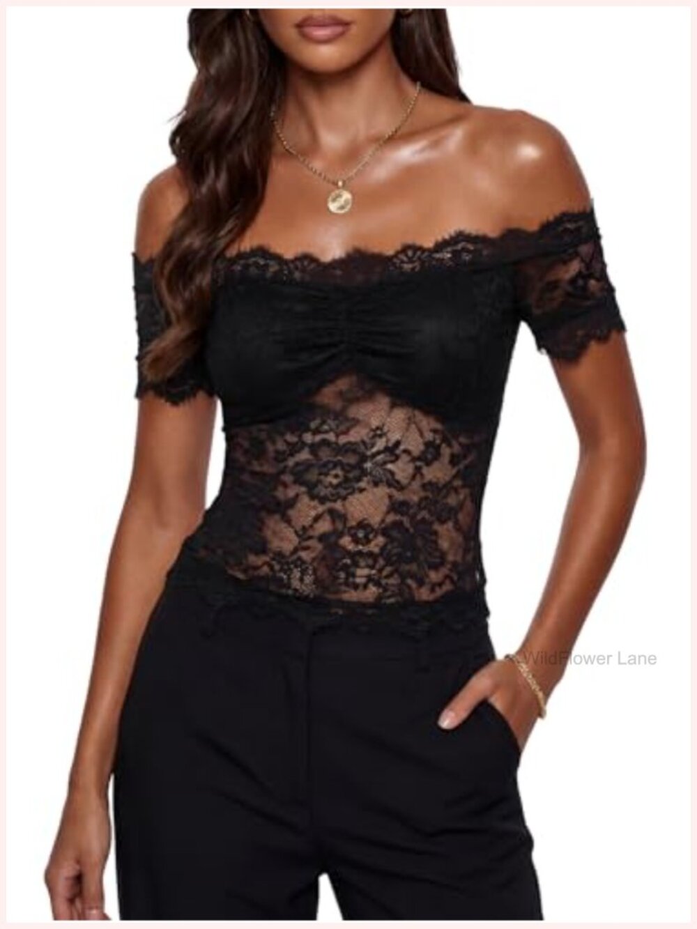 Sheer Floral Lace Blouse Off Shoulder Ruched Top Short Sleeve Y2K